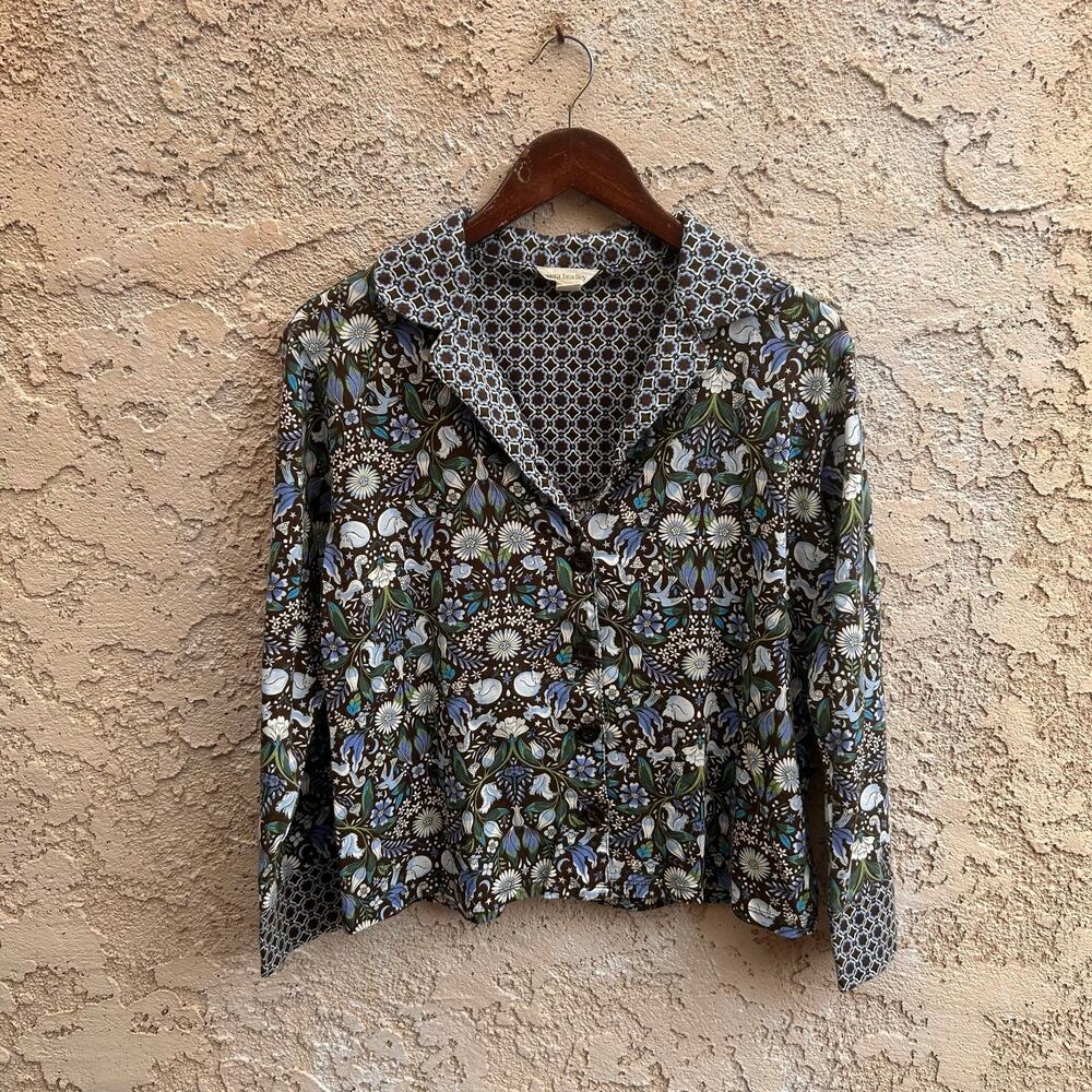 Vera Bradley Reversible Floral Button Front Cardigan Top Brown Blue Size S